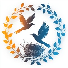 Obraz premium Two Birds in Flight Nest and Wreath Nature Illustration Avian Art