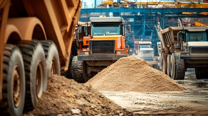 Fototapeta premium Orange Dump Truck Unloading Sand at Construction Site
