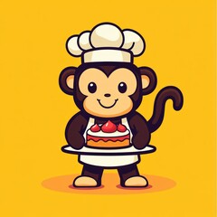 Fototapeta premium Monkey chef holding cake on platter, against yellow background, good for children's themes