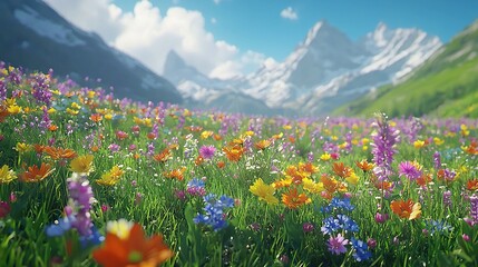 Alpine meadow wildflowers bloom with snowy mountain backdrop.