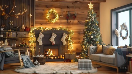 Elegant Christmas living room featuring a fireplace adorned for the holiday season, wooden wall paneling, grey sofa and armchair, warm yellow lighting, a beautifully decorated Christmas tree with ligh