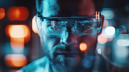 A focused operator using augmented reality glasses to visualize production layouts and changes in equipment positions illustrating the technological integration into responsive manufacturing