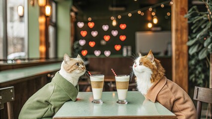 Valentine's Day Love Romantic Card. A couple of cats sitting in a cozy cafe with hot drinks, dressed in stylish clothes. Generative AI.