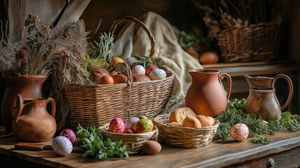 Rustic Easter Basket with Painted Eggs and Festive Decor