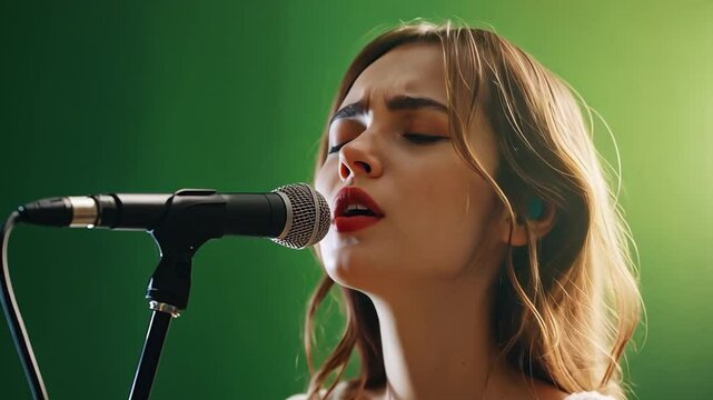 Singing with Passion: A young woman with a captivating voice and expressive eyes pours her soul into a powerful performance, her voice resonating through a professional microphone.  