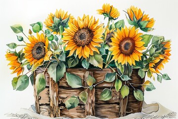 Vibrant sunflowers in a rustic basket, showcasing nature's beauty and warmth, perfect for home decor or gardens.