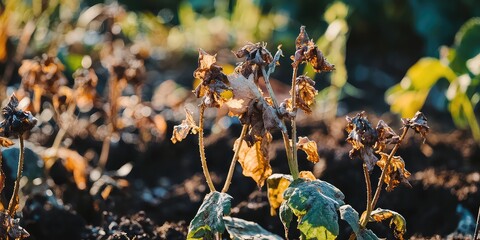 A close-up of dead plants in a garden bed, highlighting the cycle of growth and decay.