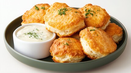 Fototapeta premium a southern-style fried chicken platter with buttermilk biscuits and gravy