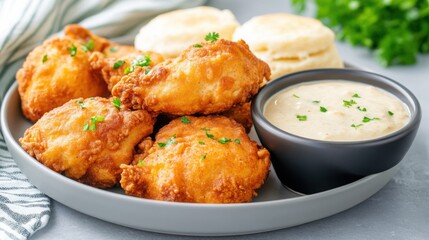 a southern-style fried chicken platter with buttermilk biscuits and gravy