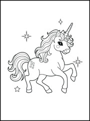 Illustration of a cute unicorn cartoon character. Black and white Printable Unicorn coloring page for kids.