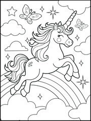 Fototapeta premium Illustration of a cute unicorn cartoon character. Black and white Printable Unicorn coloring page for kids.