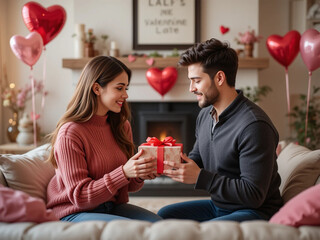 A couple exchanging romantic gifts on Valentine's Day in a cozy living room, with a fireplace in the background and heart-shaped balloons floating around.