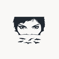 Intense Womans Gaze Over Flying Birds Silhouette. Vector Image