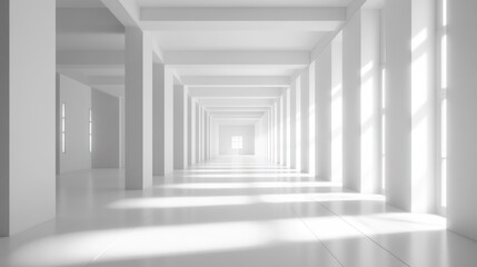 White Architectural Corridor: Sunlight Illuminating a Modern Minimalist Interior