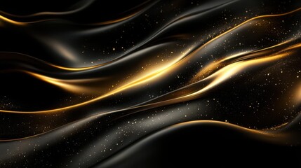 Obraz premium A mesmerizing abstract pattern featuring flowing black and gold waves with sparkling accents, creating an elegant and luxurious visual effect.