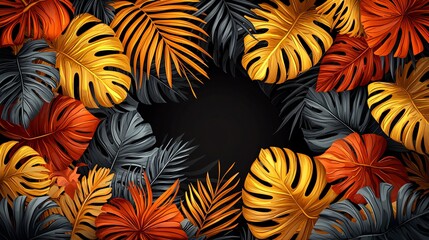 Vibrant tropical leaves frame a dark background, ideal for text or design.