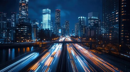 Naklejka premium A vibrant night cityscape showcasing illuminated skyscrapers and light trails from moving vehicles, capturing the bustling energy of urban life.