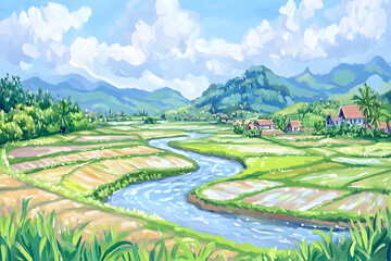 Fototapeta premium Serene Asian rice paddy landscape painting; meandering river, lush greenery, traditional houses nestled amidst vibrant rice fields under a bright, sunny sky.
