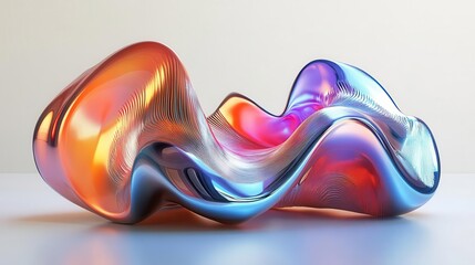 Obraz premium A colorful, abstract sculpture with fluid, wavy shapes that reflect light and create a dynamic visual effect.