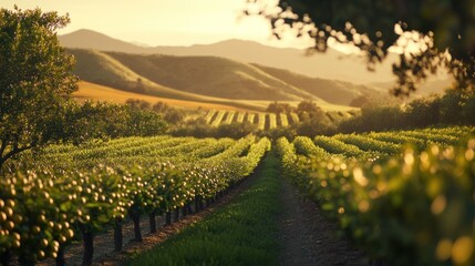 Fototapeta premium Golden Hour Sunlight on Lush Vineyard Rows with Distant Mountain Range
