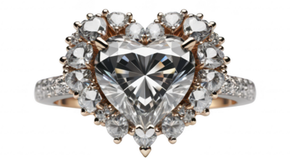 A luxurious engagement ring with a heart-shaped diamond surrounded by smaller sparkling gems, glowing with a soft, romantic shimmer, on a white transparent background PNG