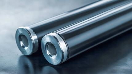 Fototapeta premium Industrial metal cylinders with reflective ends, manufacturing components and precision engineering materials