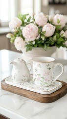 Floral tea set on a wooden tray, accompanied by a bouquet of pink peonies. Perfect for a relaxing afternoon.