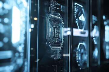 Hyperrealistic Blockchain Icons on Glass Display