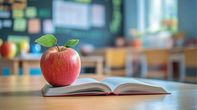 A red apple with a green leaf sits on an open book on a wooden table. In the background, there are blurred classroom elements, including chairs and a chalkboard