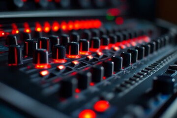 Control panel with illuminated buttons and knobs showcasing a high-end audio equipment setup in a dimly lit studio