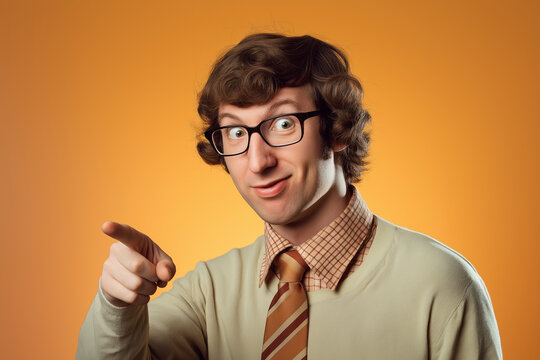 Playful Portrait of a Young Man in Glasses and Tie with Retro Style on Vibrant Orange Background