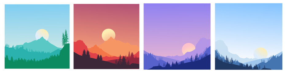 Minimalist Mountain and Forest Vector Set with Sunset Colors
