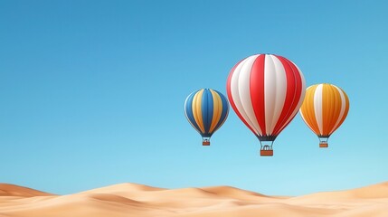 Fototapeta premium Air balloon travel: Exploring nature's panoramic views Three hot air balloons soaring over a desert landscape.
