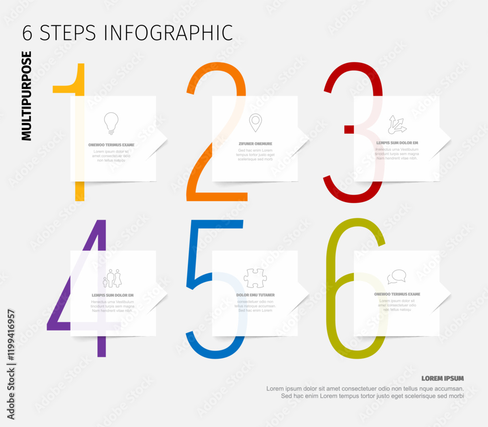 Poster a colorful 6 steps infographic displays a structured plan. numbers 1 to 6 are highlighted with disti