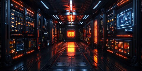 Obraz premium Futuristic Spaceship Corridor: Neon Lights and Advanced Technology
