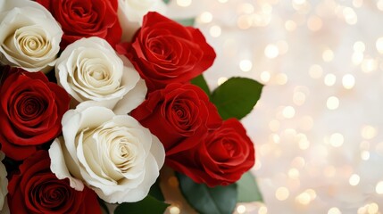 Obraz premium A beautiful bouquet of red and white roses against a softly blurred, twinkling background, perfect for celebrations or romantic occasions, Valentine, Wedding.
