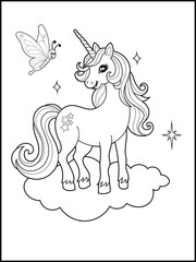 Illustration of a cute unicorn cartoon character. Black and white Printable Unicorn coloring page for kids.