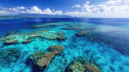 Naklejka premium A vibrant aerial view of a coral reef in clear turquoise waters, showcasing marine life and expansive ocean under a bright blue sky.