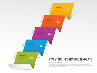 Five-step infographic template from folded paper displays sequential information. Each step is marked with distinct colors and icons, enhancing the visual appeal of the infographic template.