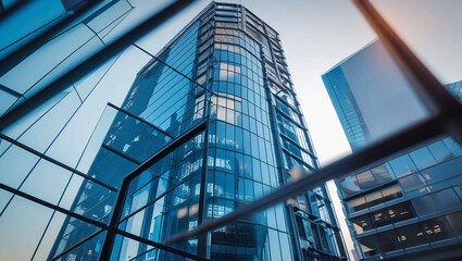 Obraz premium Modern Architecture: Close-Up of Structural Glazing Walls on Skyscraper Facade – Hi-Tech Design for Real Estate, Financial Business, and Construction Industry