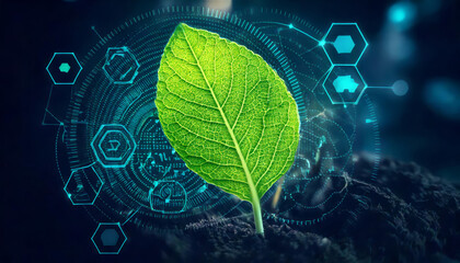 Agricultural technologies advancing plant growth and scientific research, with a green leaf and biological data on nature's chemistry.