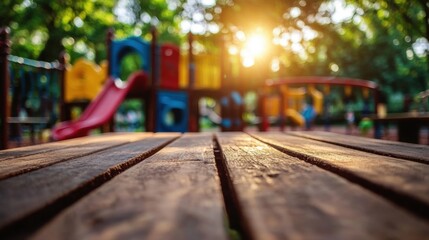 Bright Playground Scene at Dusk with Sunlight and Colorful Equipment