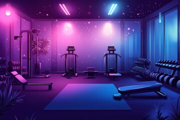Serene Gym Interior in Vector Style with Glowing Effects