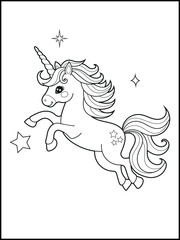 Illustration of a cute unicorn cartoon character. Black and white Printable Unicorn coloring page for kids.