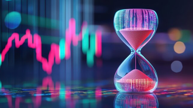 A vibrant hourglass stands against a backdrop of digital graphs, symbolizing the passage of time and its relationship with data analysis and market trends.