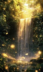 Enchanting Waterfall in Golden Forest Magical Fireflies Nature Scene