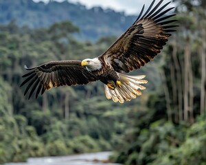 Obraz premium A majestic bald eagle soaring above a protected river, with fish jumping below and lush forests in the background