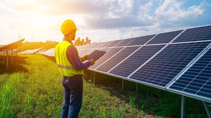 A renewable energy consultant analyzing solar panel efficiency data at a solar farm, with solar arrays and data analytics screens visible, Solar panel efficiency analysis scene