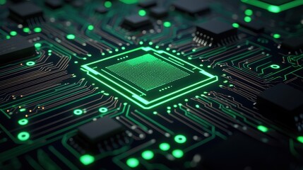 Obraz premium A close-up view of a modern microchip on a circuit board, illuminated with vibrant green lights, showcasing intricate electronic pathways.