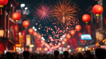 Obraz premium A vibrant street scene illuminated by fireworks and red lanterns, filled with spectators celebrating a festive occasion at night, Chinese-Lunar New year.
